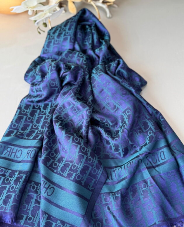 Dior DESEN Çift taraflı İpeksi Jakar Şal - Lacivert