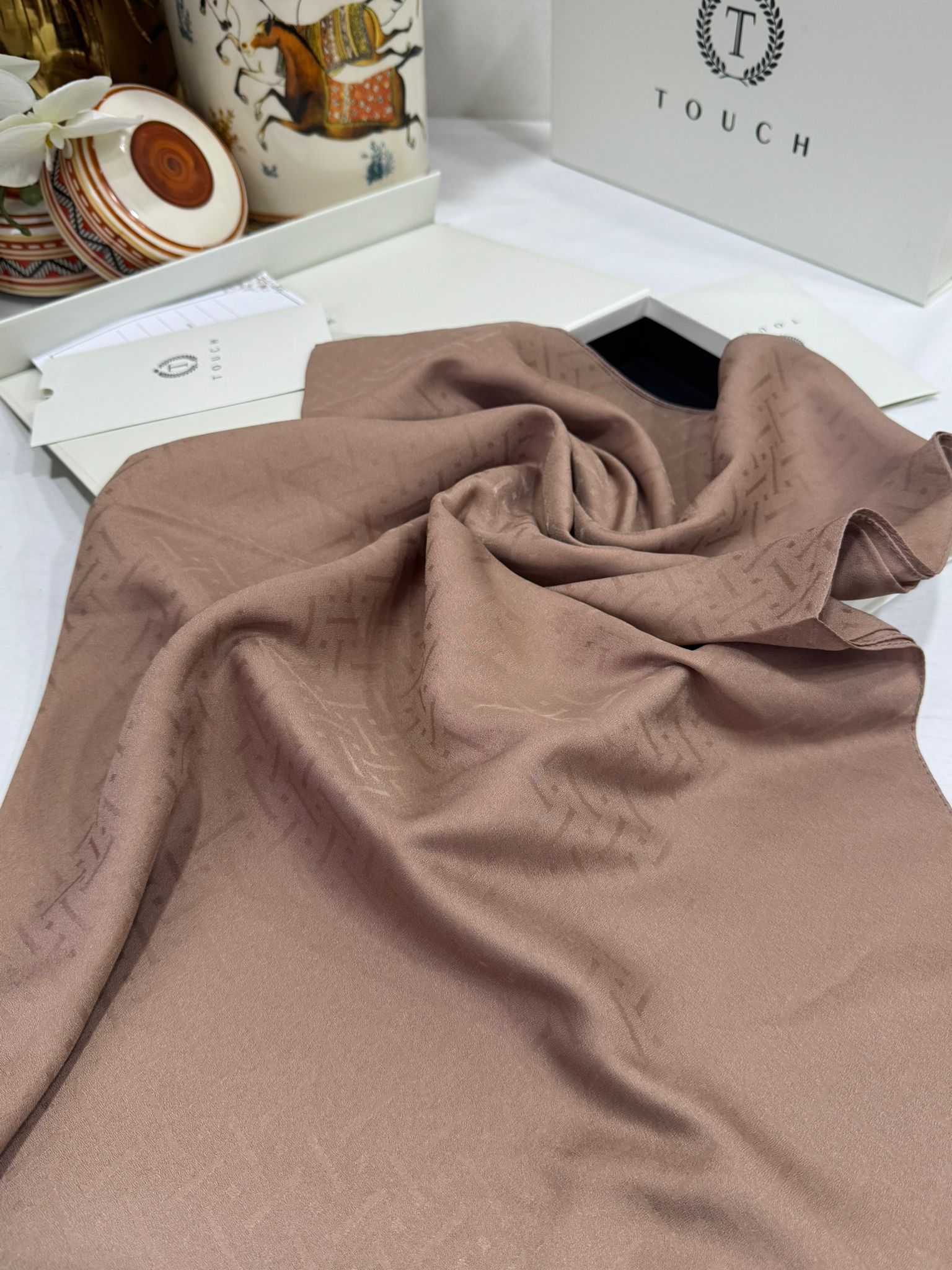 New Desen Pamuk Jakar İpek Şal - 19450 - Açık kahve