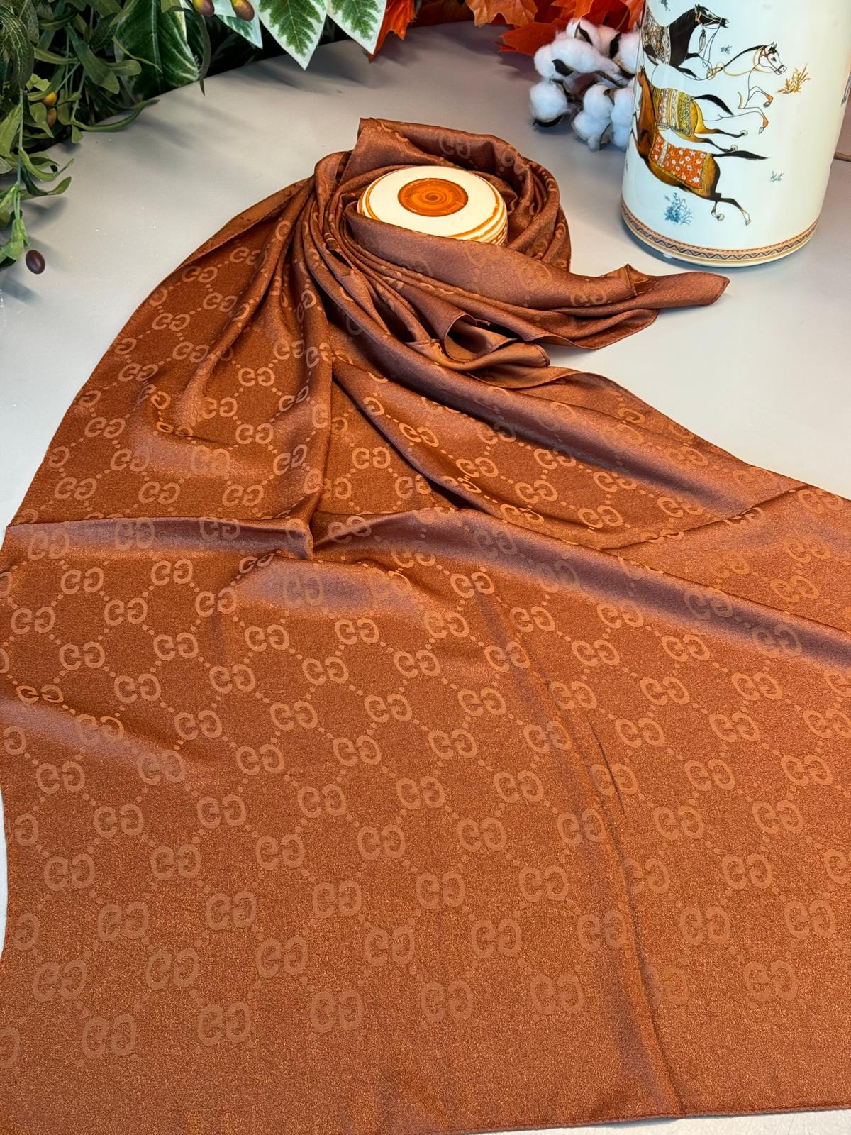 G Desen Pamuk İpeksi Jakar Şal 908204 - Kızıl Kahve