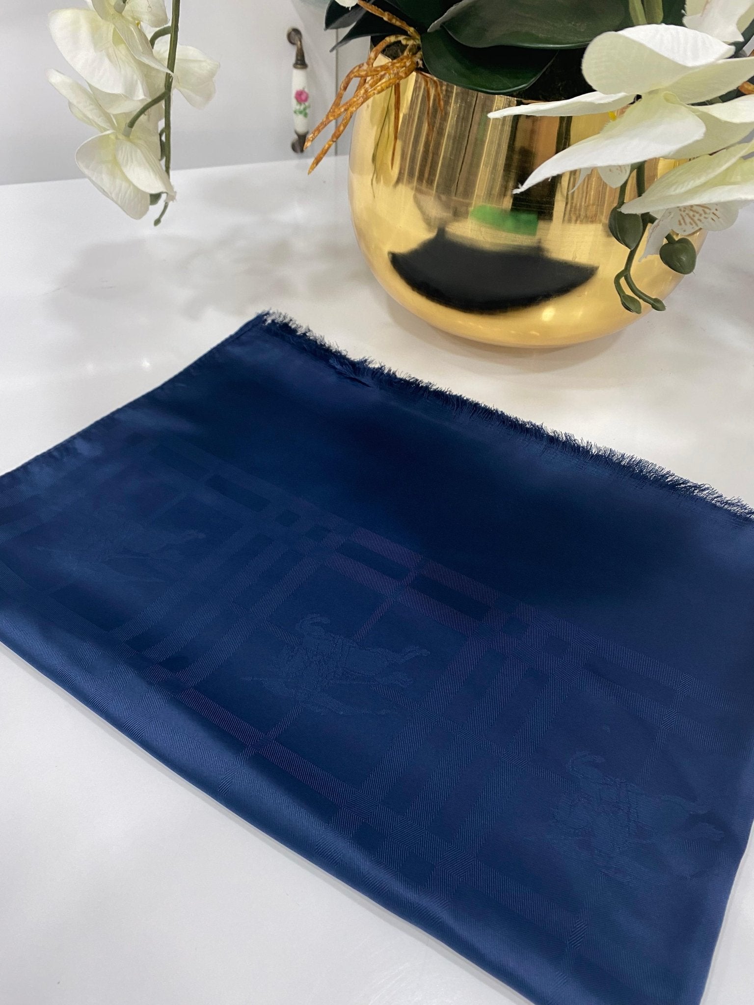 Hermes Desenli İpeksi Jakar Şal - Lacivert